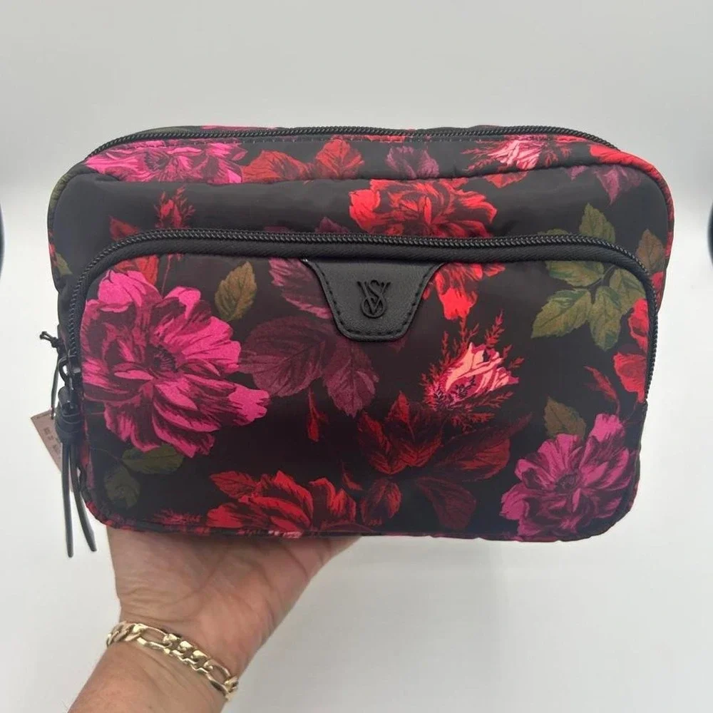 Victoria's Secret Dark Floral Double Zip Cosmetic Bag Travel Pouch NWT